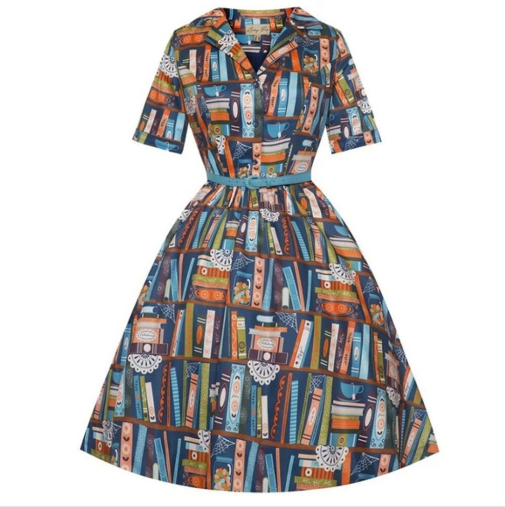 Lindy Bop Bletchley Book Print Shirt Swing Dress US 4 UK 8
